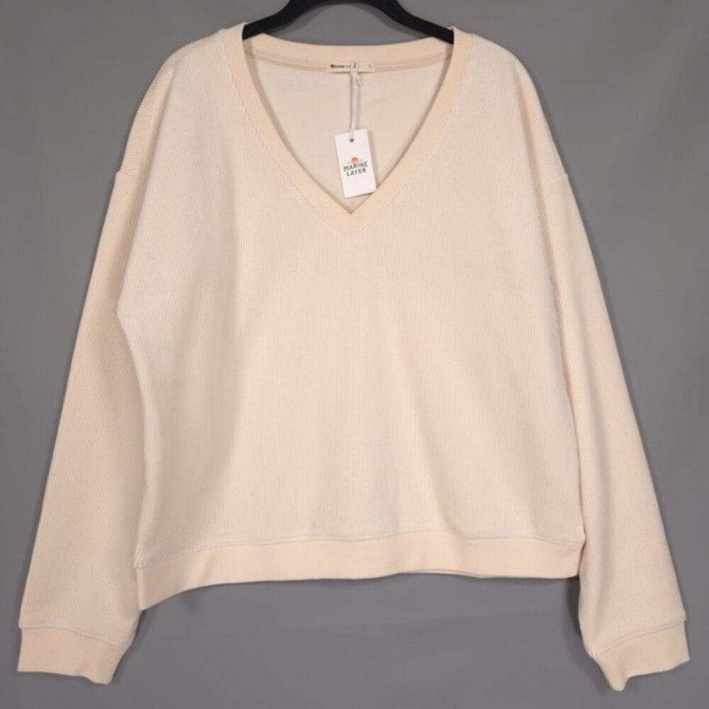 NWT Marine Layer Women's Top LARGE Rib Velour Corduroy V Neck‎ Sweatshirt Cream